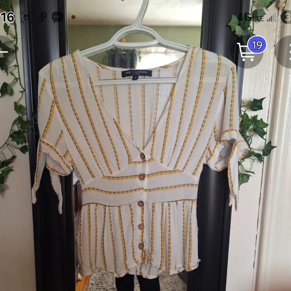 One Clothing Tan and White Buttoned Peplum Blouse